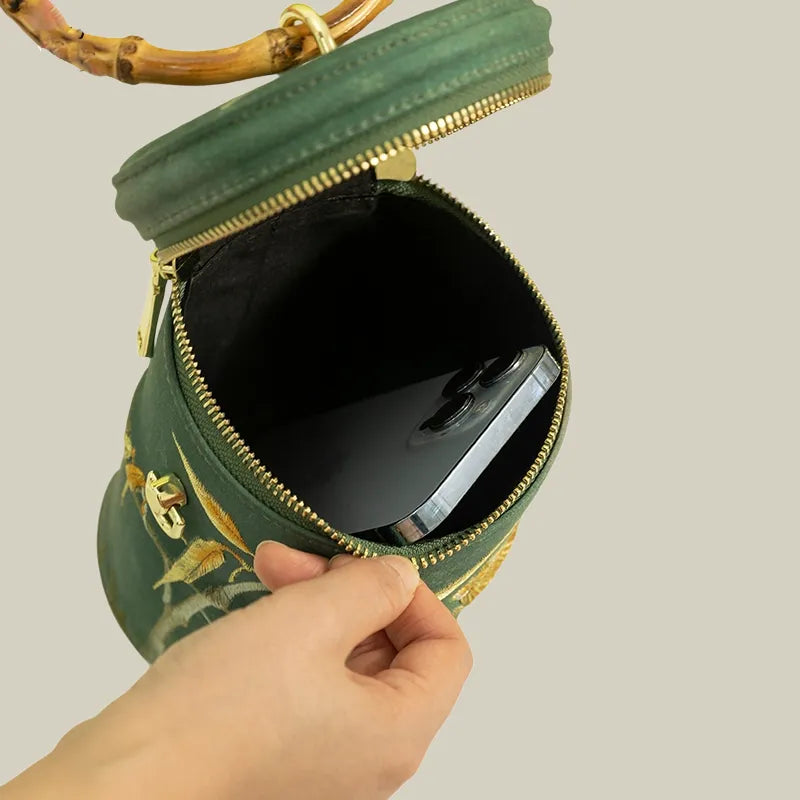Cicada Song Embroidered Green Mini Bucket Bag - Image 24