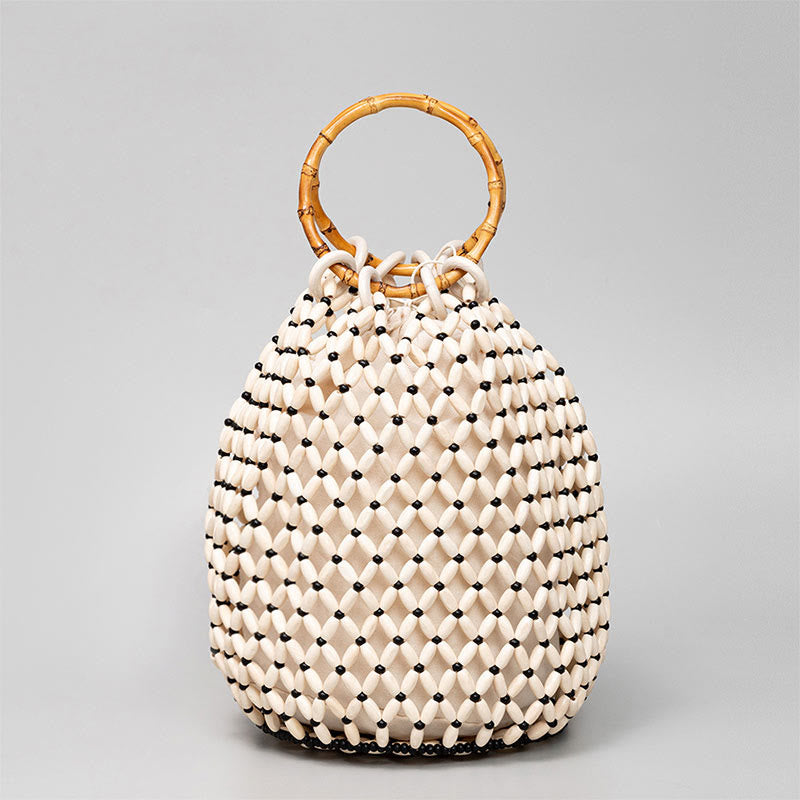 Hand-woven Wooden Beads Bamboo Handle Shoulder Bag Handbag - Image 4