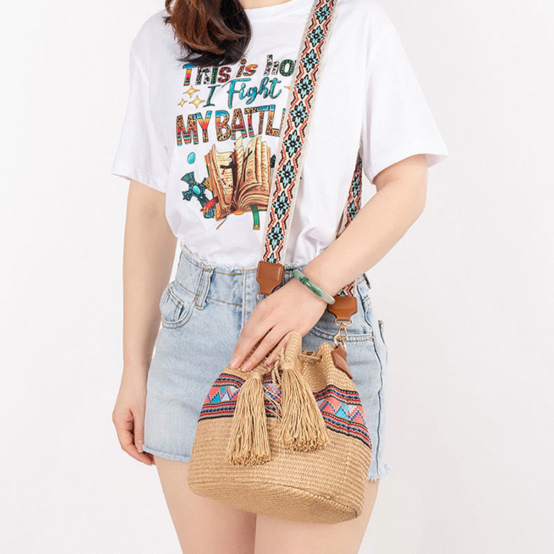 Beach Geometry Straw Woven Bucket Tassels Crossbody Bag Shoulder Bag - Image 12