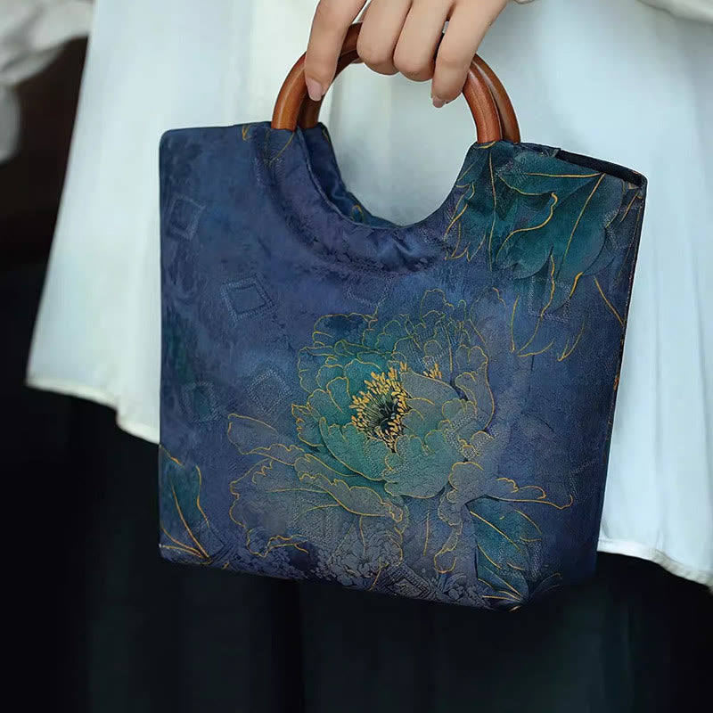 Peony Flower Bamboo Leaves Bird Solid Wood Handle Handbag - Image 2