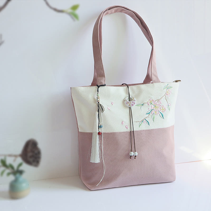 Pear Flower Plum Peach Blossom Bamboo Embroidery Canvas Large Capacity Shoulder Bag Tote Bag - Image 34
