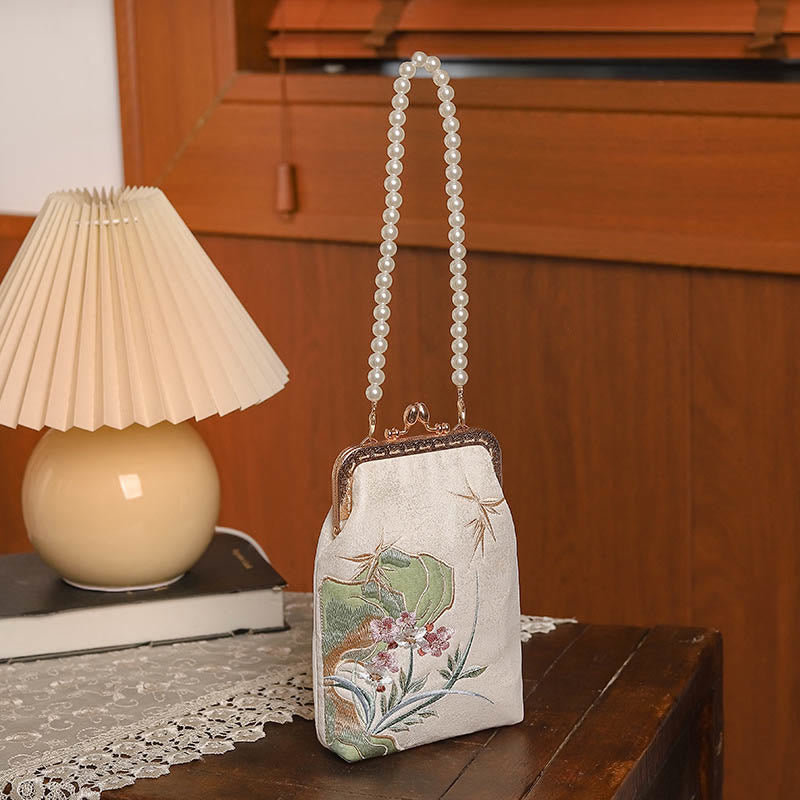 Mountain Stone Orchid Pattern Pearl Chain Crossbody Bag Handbag - Image 3