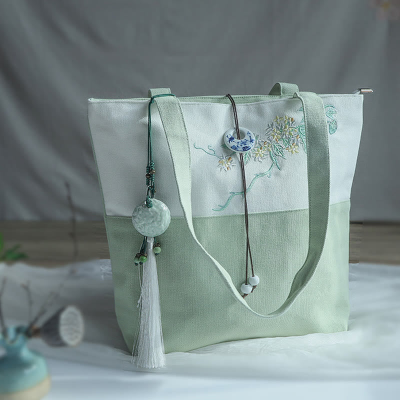 Pear Flower Plum Peach Blossom Bamboo Embroidery Canvas Large Capacity Shoulder Bag Tote Bag - Image 38