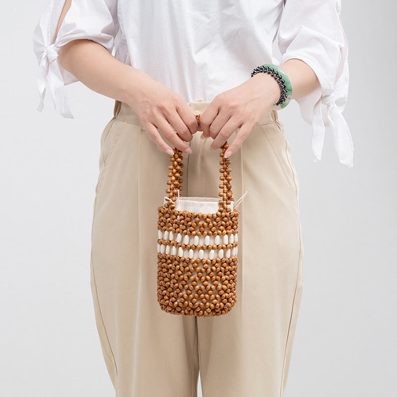 Hand-woven Bucket Portable Wooden Beads Handbag - Image 5