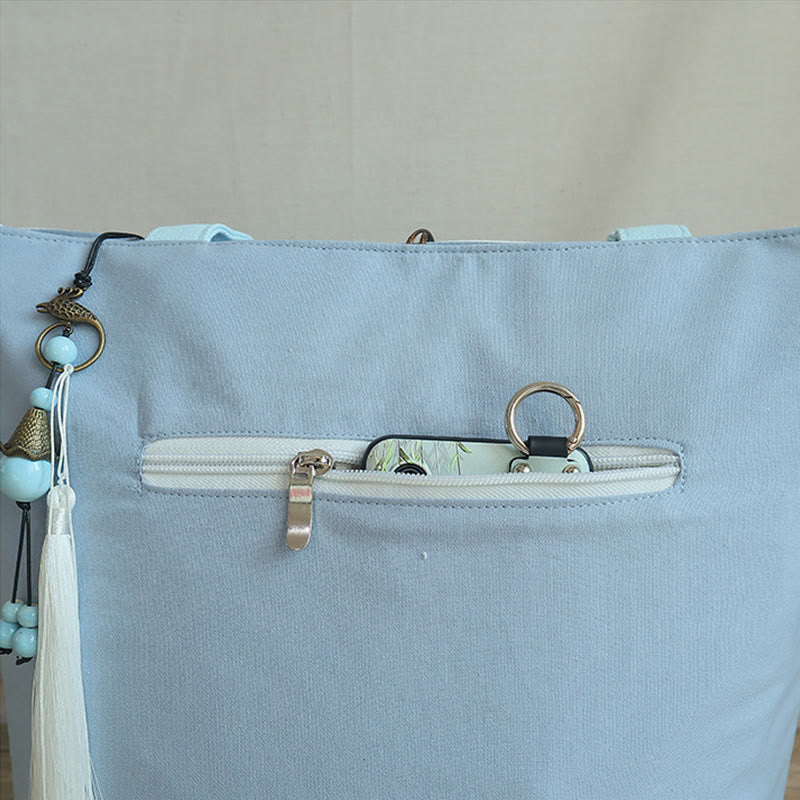 Pear Flower Plum Peach Blossom Bamboo Embroidery Canvas Large Capacity Shoulder Bag Tote Bag - Image 12