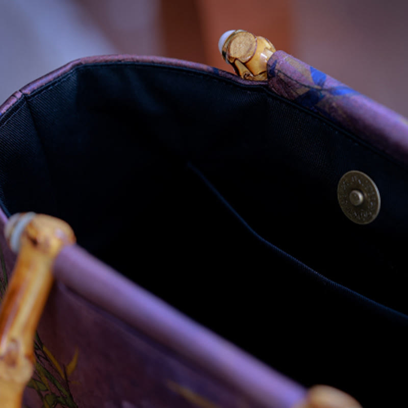 Purple Magpie Birds Branches Bamboo Handles Handbag - Image 4