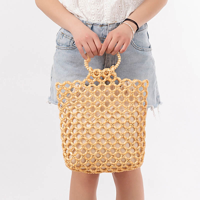 Hand-woven Fishing Line Braiding Mesh Hollow Wooden Beads Handbag - Image 8