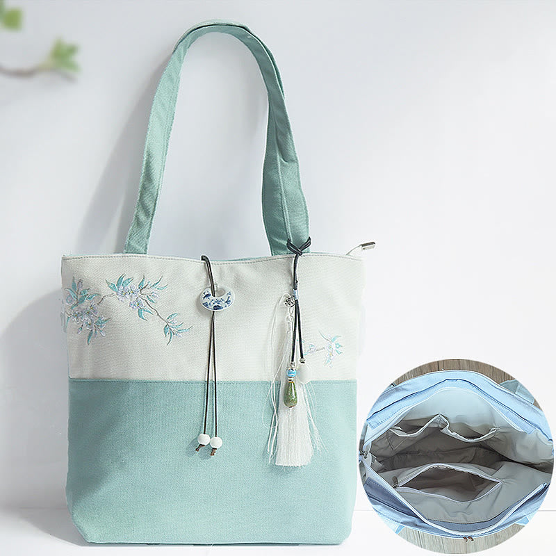 Pear Flower Plum Peach Blossom Bamboo Embroidery Canvas Large Capacity Shoulder Bag Tote Bag - Image 3