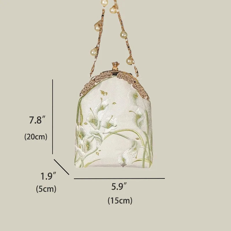 Calla Lily Embroidered Pearl Chain Handbag - Image 9