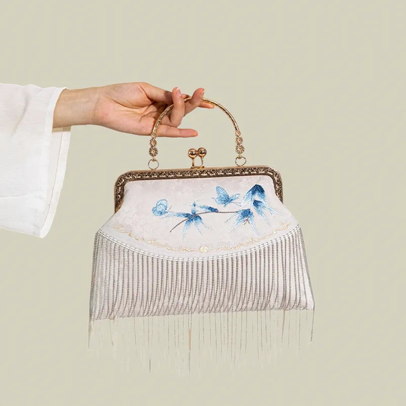 Butterfly Embroidered Tassel White Evening Bag - Image 9