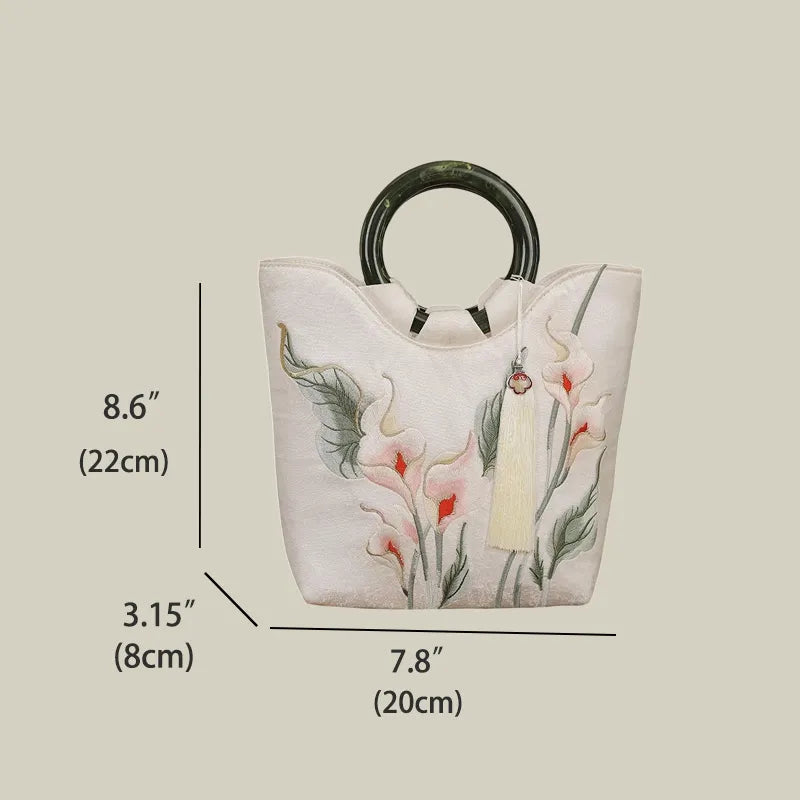 Calla Lily Embroidered Tote Bag with Vintage Green Acrylic Handle - Image 3
