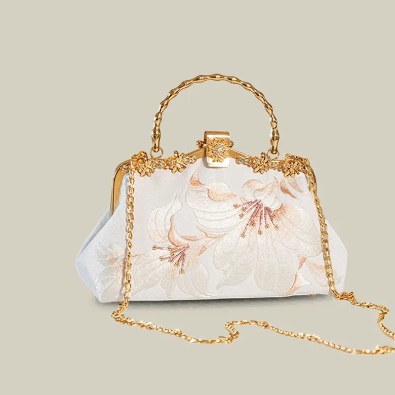 Lily Embroidered Pearl Chain Handbag with Metal Handle - Image 6