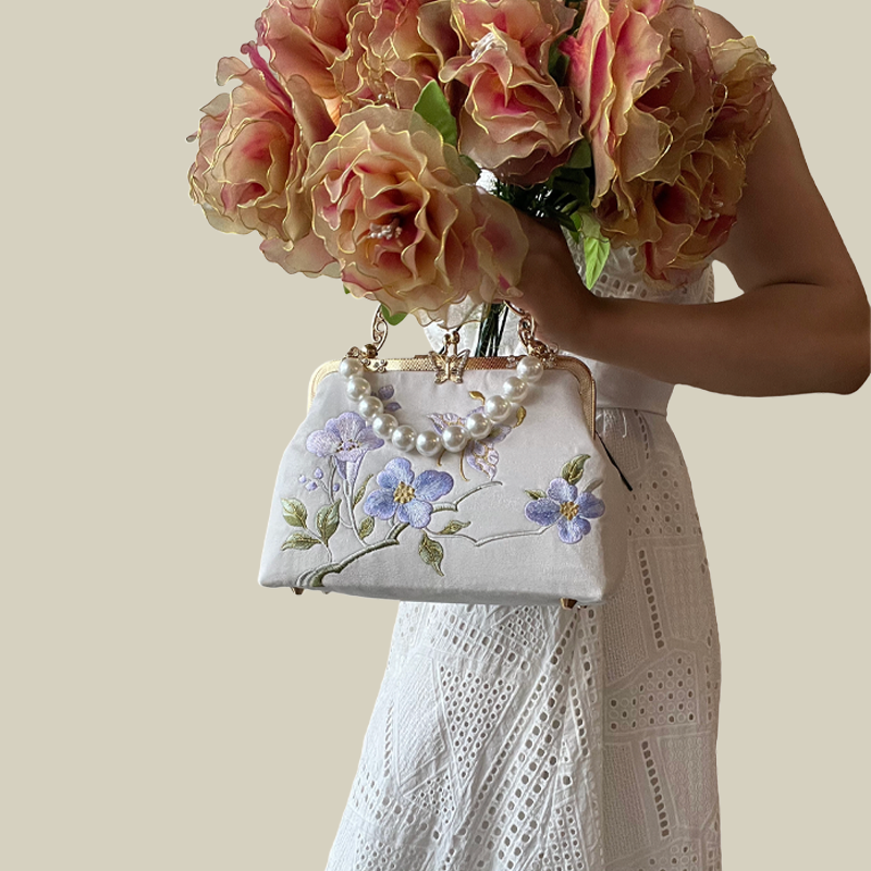 Butterfly Embroidered White Handbag with Metal Kiss-Lock - Image 7