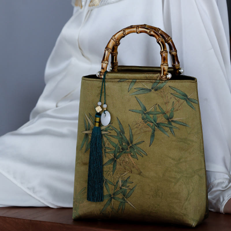 Yellow Green Bamboo Leaves Bamboo Handles Handbag - Image 14