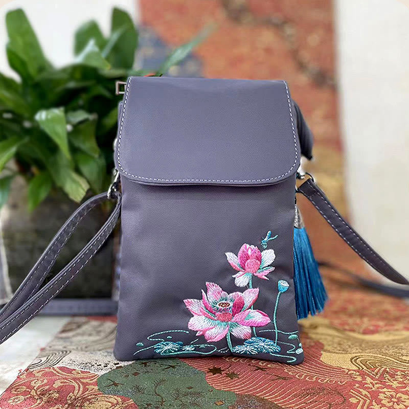 Waterproof Handmade Embroidered Lotus Flowers Crossbody Bag Shoulder Bag Cellphone Bag - Image 24