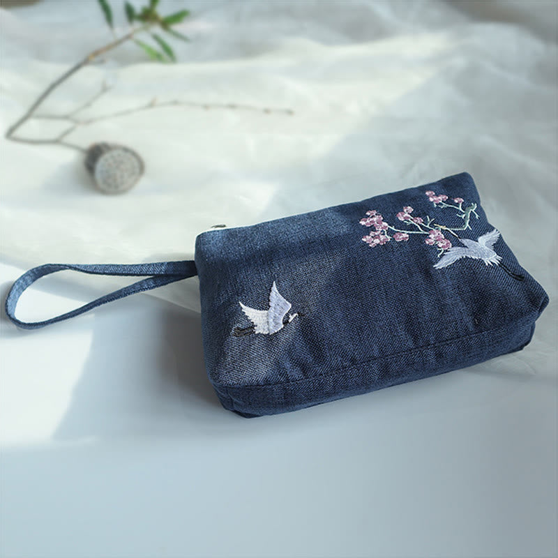 Small Flower Plum Cherry Crane Peach Blossom Embroidery Canvas Wallet Shopping Purse - Image 20