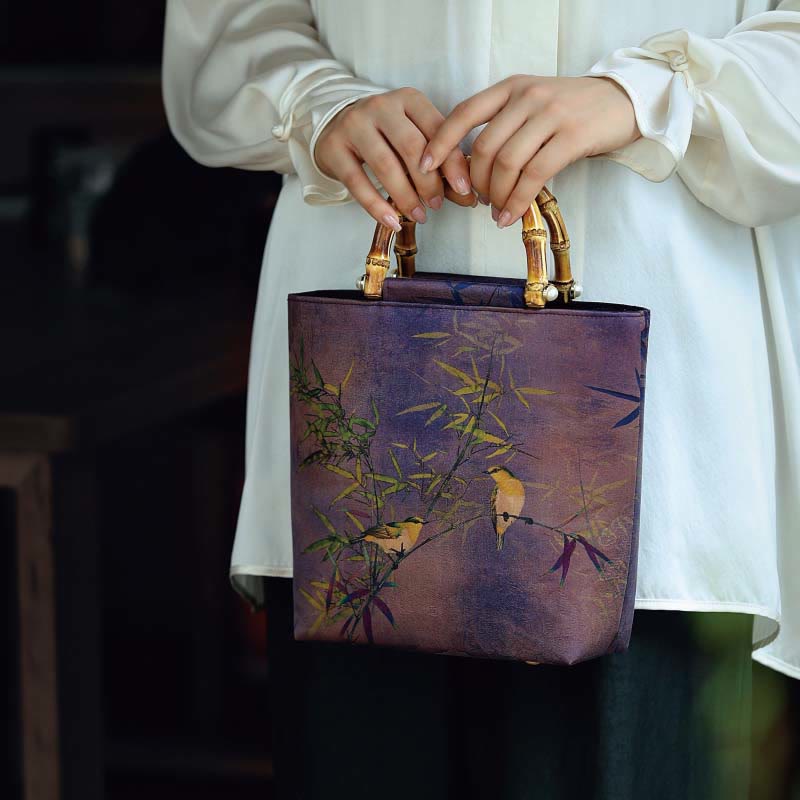 Purple Magpie Birds Branches Bamboo Handles Handbag - Image 13