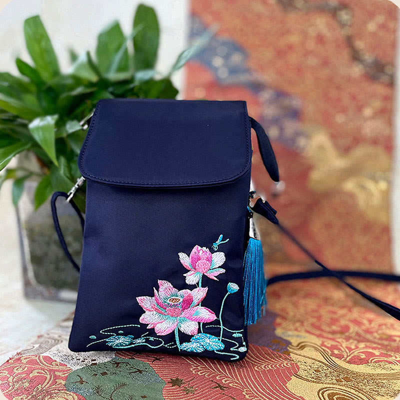 Waterproof Handmade Embroidered Lotus Flowers Crossbody Bag Shoulder Bag Cellphone Bag - Image 15