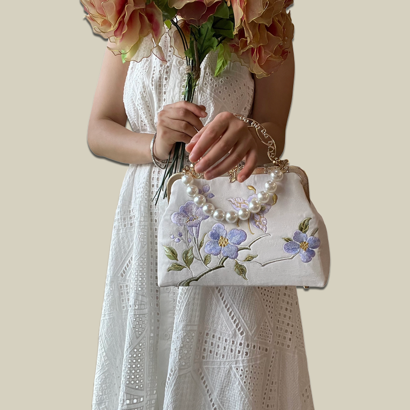 Butterfly Embroidered White Handbag with Metal Kiss-Lock - Image 8