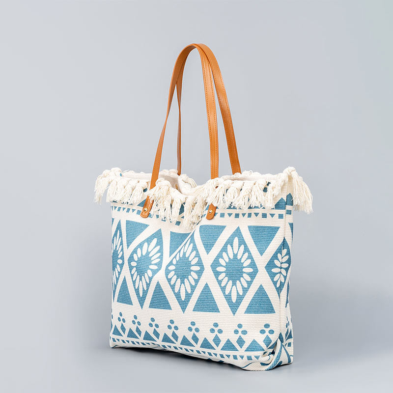 Large Capacity Boho Geometry Print Tassel Canvas Tote Shoulder Bag - Image 3