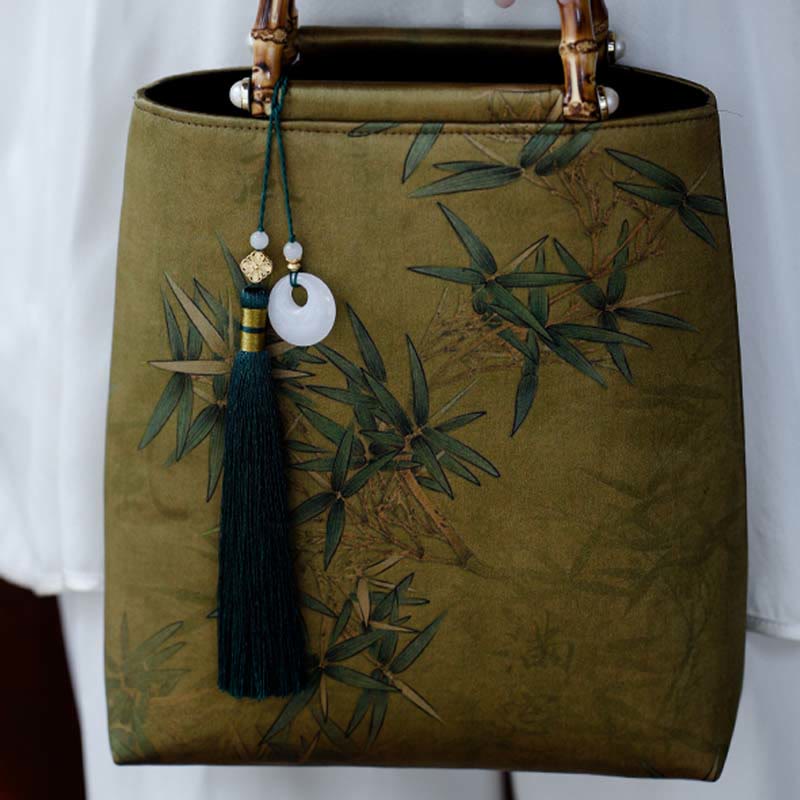 Yellow Green Bamboo Leaves Bamboo Handles Handbag - Image 3