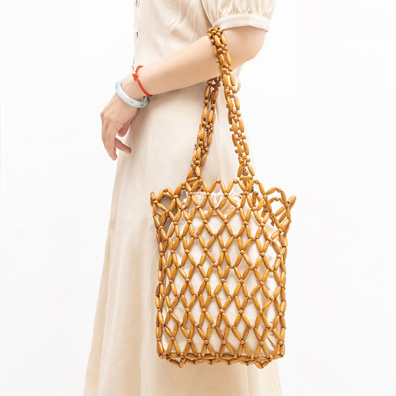 Hand-woven Wooden Beads Shoulder Bag Handbag - Image 3