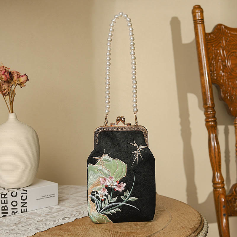 Mountain Stone Orchid Pattern Pearl Chain Crossbody Bag Handbag - Image 9