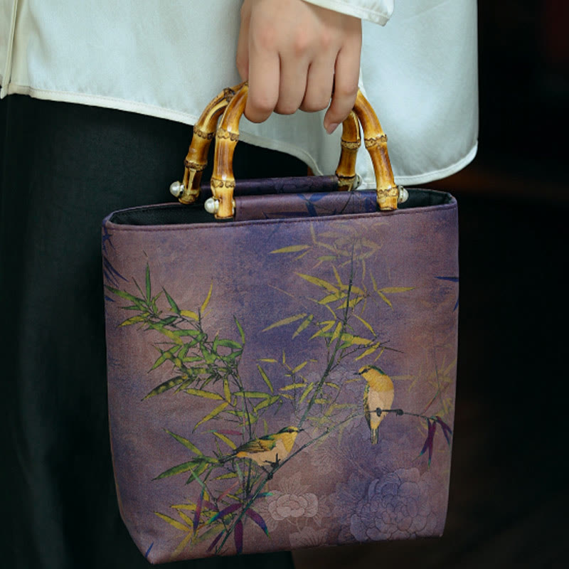 Purple Magpie Birds Branches Bamboo Handles Handbag - Image 9