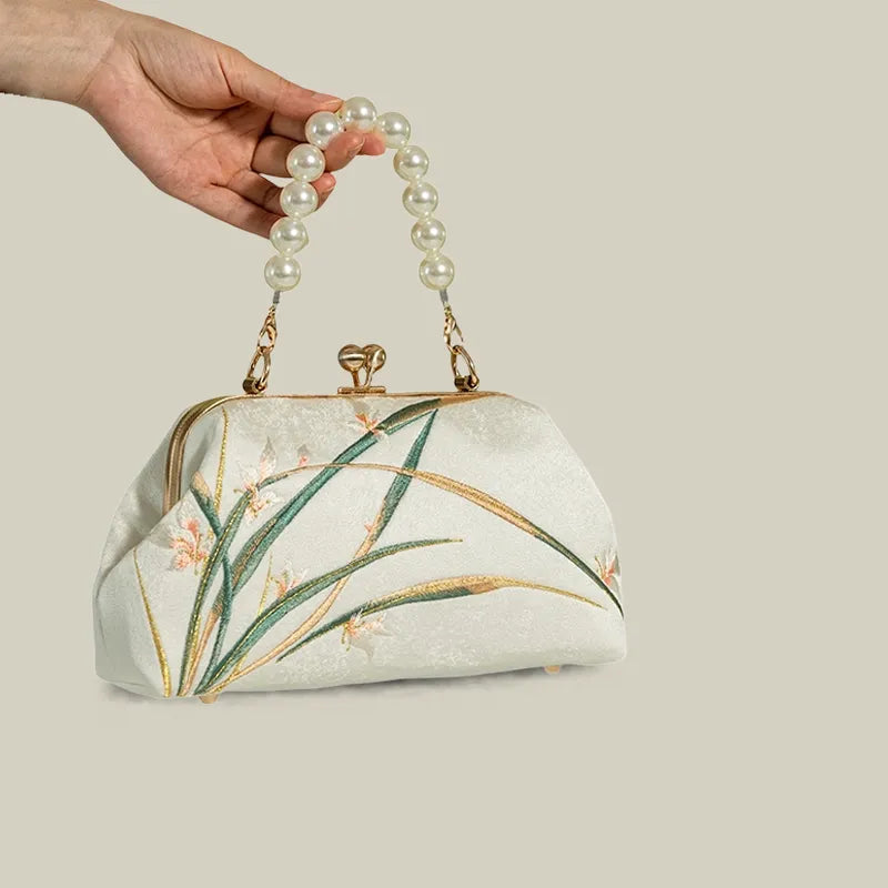 Orchid Bloom Embroidered Kiss-Lock Handbag with Pearl Handle - Image 12