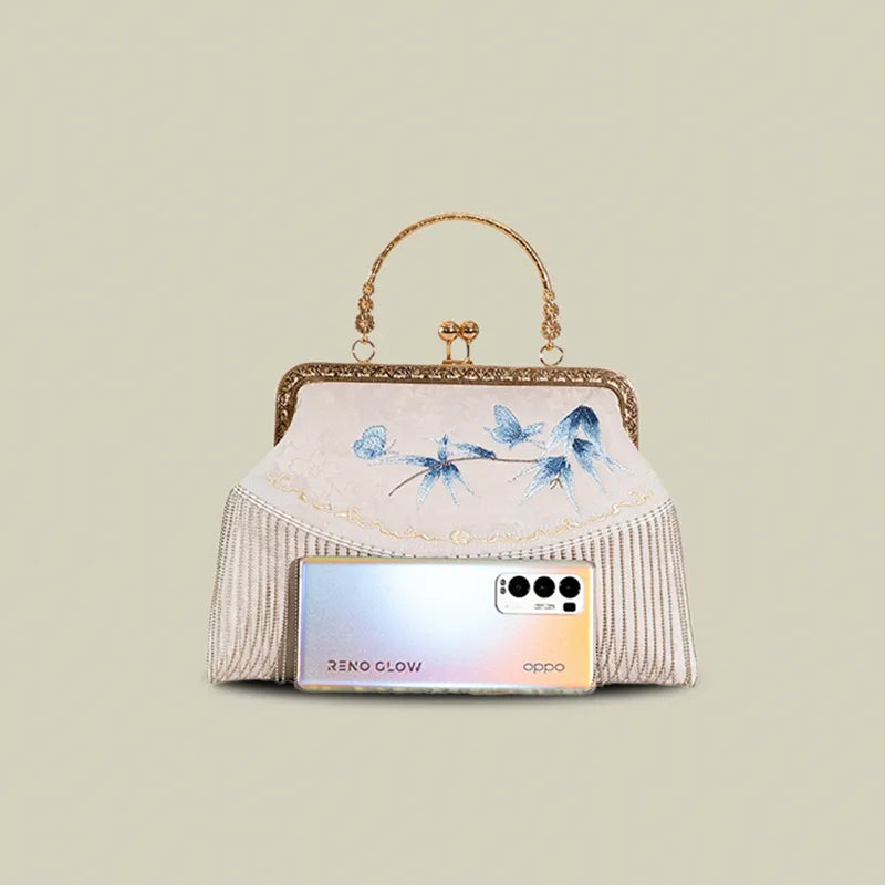 Butterfly Embroidered Tassel White Evening Bag - Image 10