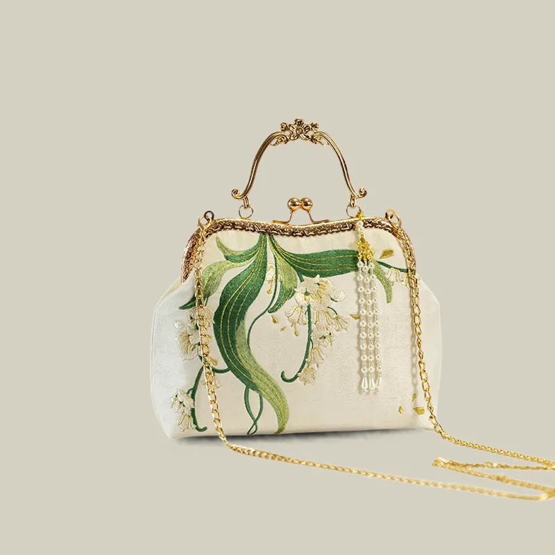 Lily of the Valley Embroidered Kiss-Lock White Handbag with Pearl Tassel - Image 12