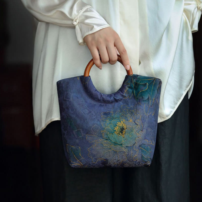 Peony Flower Bamboo Leaves Bird Solid Wood Handle Handbag - Image 9