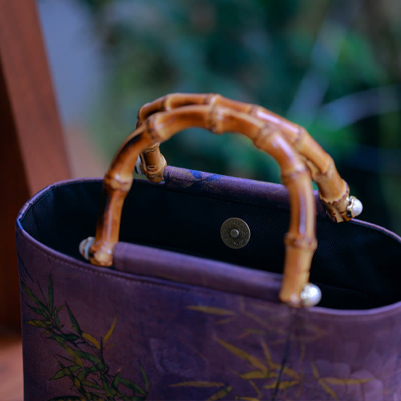 Purple Magpie Birds Branches Bamboo Handles Handbag - Image 3