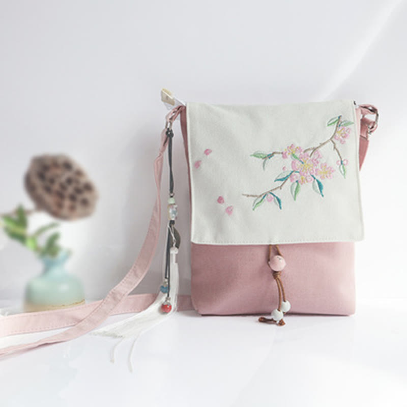Handmade Embroidered Plum Flowers Canvas Crossbody Bag Shoulder Bag Handbag - Image 13