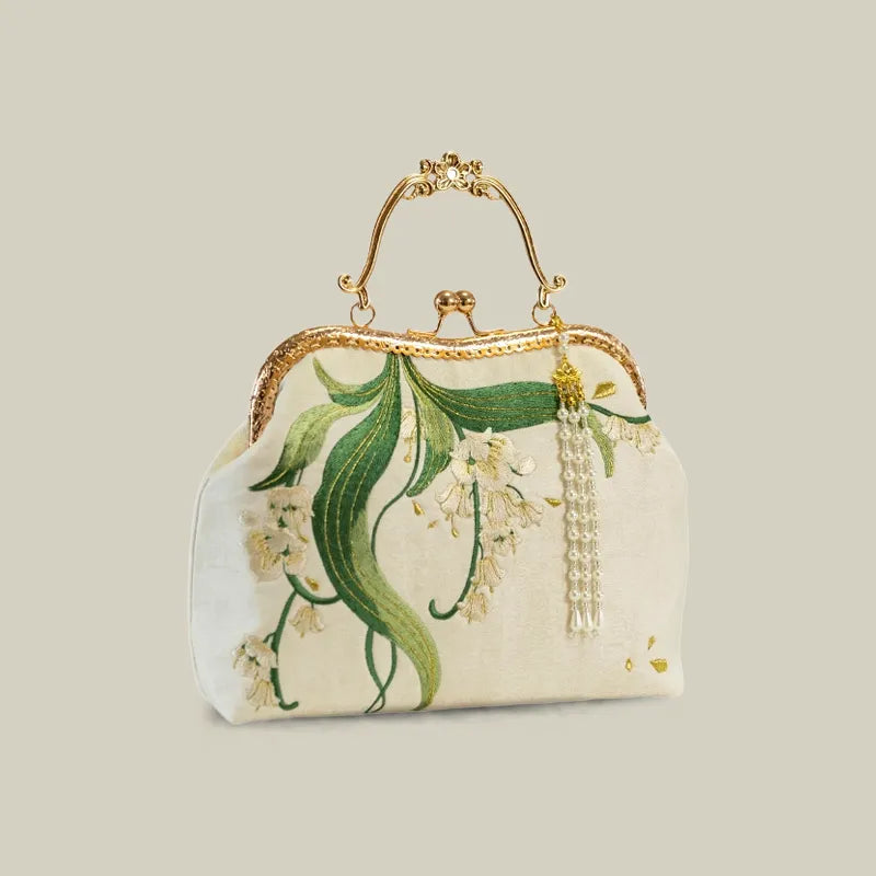 Lily of the Valley Embroidered Kiss-Lock White Handbag with Pearl Tassel - Image 21