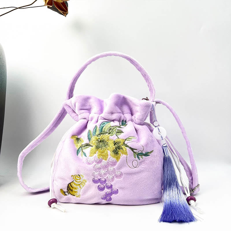 Embroidered Osmanthus Peony Grape Cat Cotton Linen Tote Crossbody Bag Shoulder Bag Handbag - Image 14
