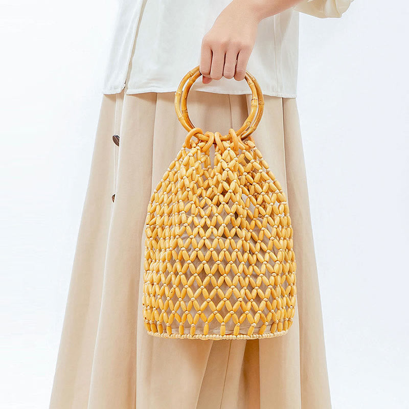 Hand-woven Wooden Beads Bamboo Handle Shoulder Bag Handbag - Image 3