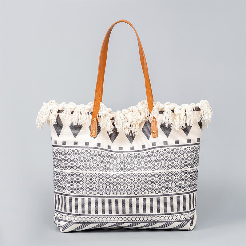 Large Capacity Boho Geometry Print Tassel Canvas Tote Shoulder Bag - Image 12