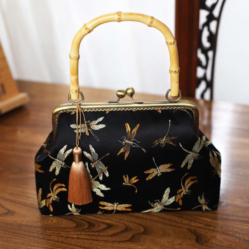 Dragonfly Crane Bamboo Leaves Plum Blossom Bamboo Handles Handbag - Image 3