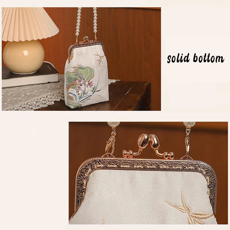 Mountain Stone Orchid Pattern Pearl Chain Crossbody Bag Handbag - Image 4