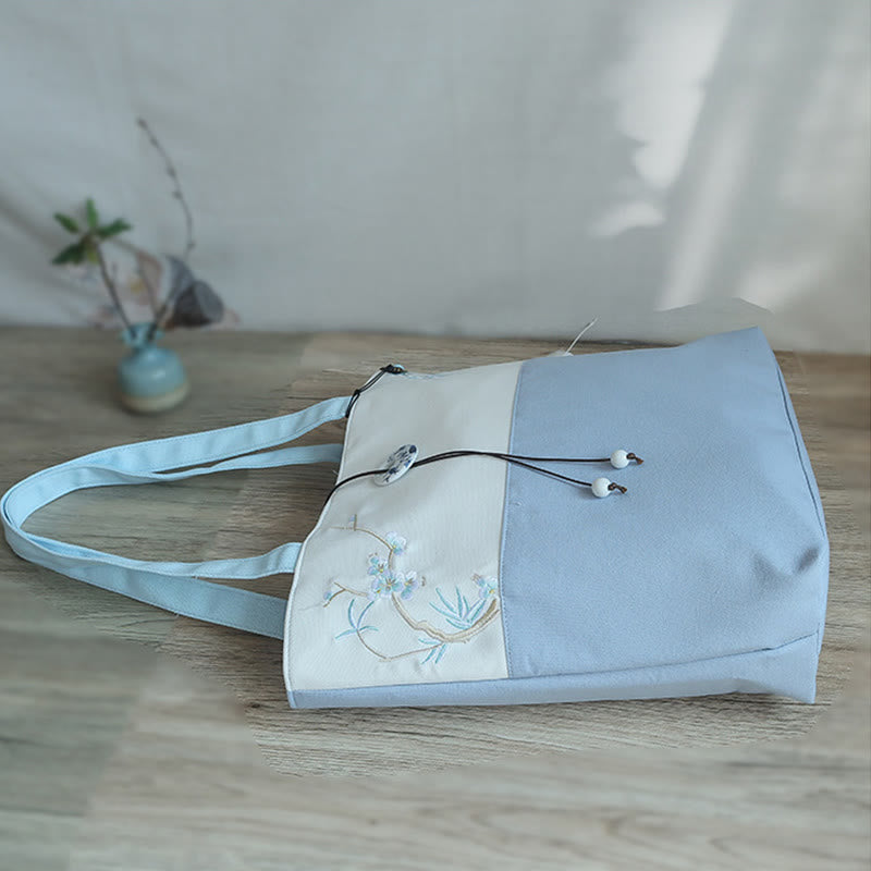 Pear Flower Plum Peach Blossom Bamboo Embroidery Canvas Large Capacity Shoulder Bag Tote Bag - Image 19