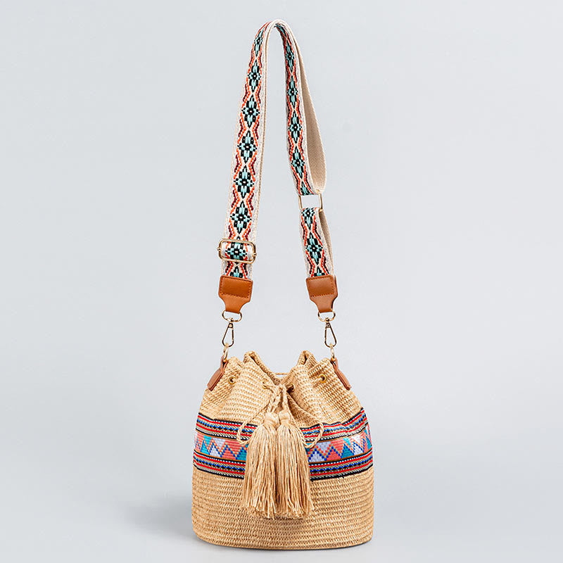 Beach Geometry Straw Woven Bucket Tassels Crossbody Bag Shoulder Bag - Image 4