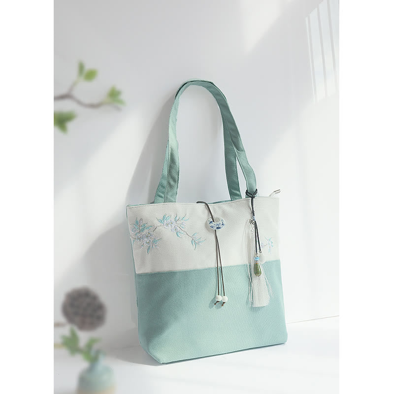 Pear Flower Plum Peach Blossom Bamboo Embroidery Canvas Large Capacity Shoulder Bag Tote Bag - Image 5