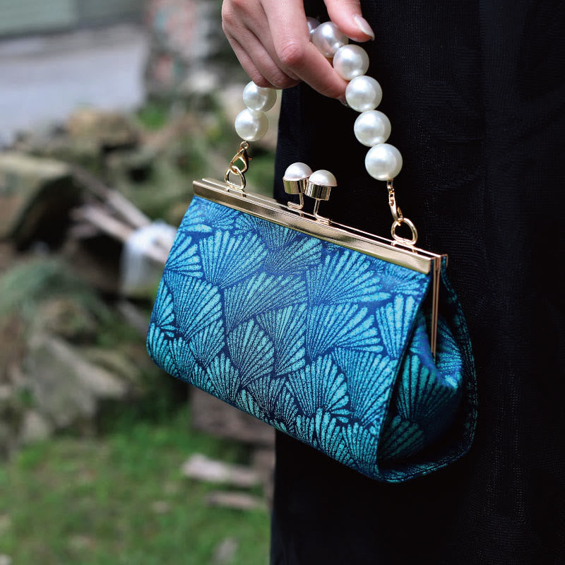 Vintage Peacock Blue Leaf Pattern Pearl Metal Handbag - Image 2