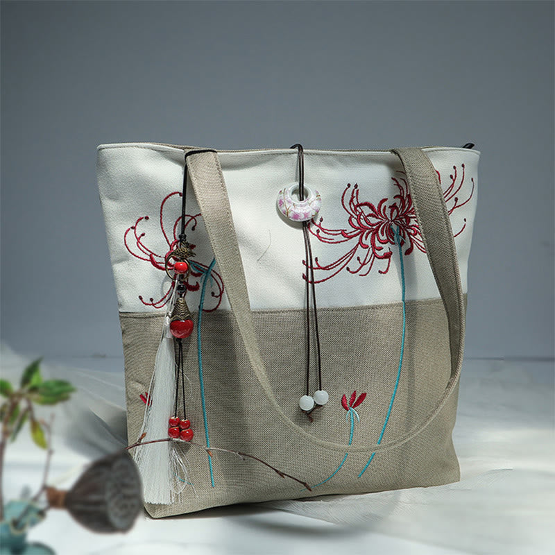 Pear Flower Plum Peach Blossom Bamboo Embroidery Canvas Large Capacity Shoulder Bag Tote Bag - Image 42