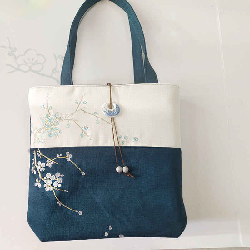 Pear Flower Plum Peach Blossom Bamboo Embroidery Canvas Large Capacity Shoulder Bag Tote Bag - Image 31