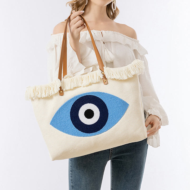 Large Capacity Evil Eye Leaf Hamsa Tassel Canvas Tote Shoulder Bag - Image 9