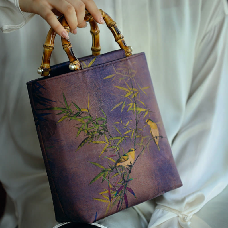 Purple Magpie Birds Branches Bamboo Handles Handbag - Image 11