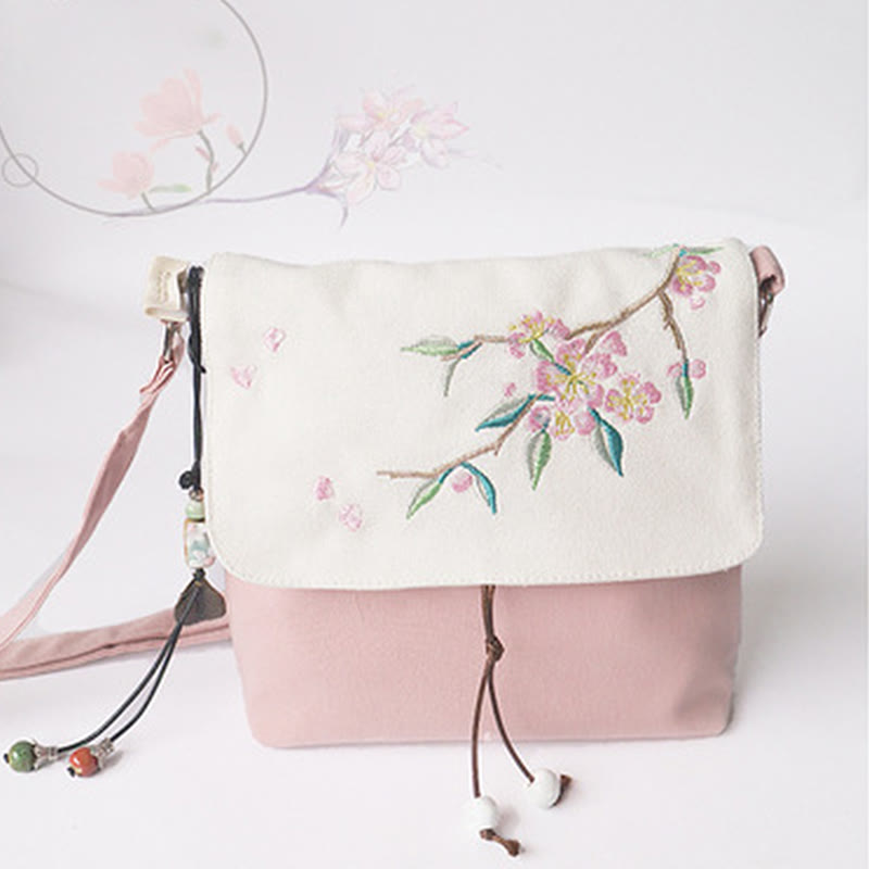 Handmade Embroidered Plum Flowers Canvas Crossbody Bag Shoulder Bag Handbag - Image 7