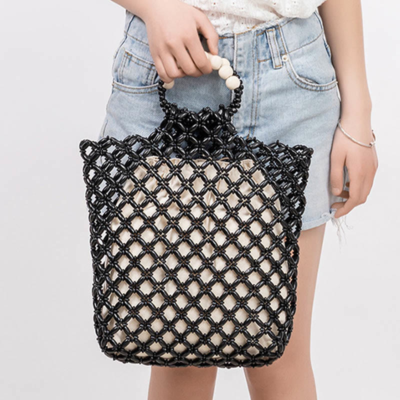 Hand-woven Fishing Line Braiding Mesh Hollow Wooden Beads Handbag - Image 13